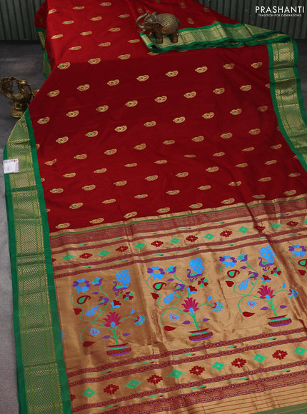 Pure paithani silk saree red and green with paisley zari woven buttas and zari woven korvai border