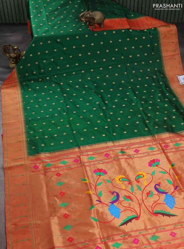 Pure paithani silk saree green and red with zari woven buttas and muniya butta border