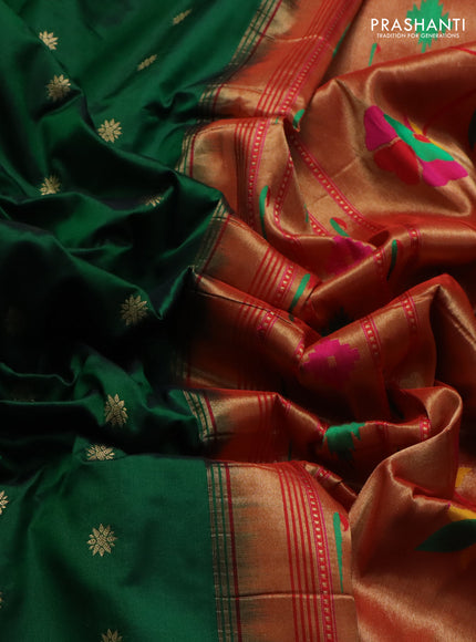 Pure paithani silk saree green and red with zari woven buttas and muniya butta border