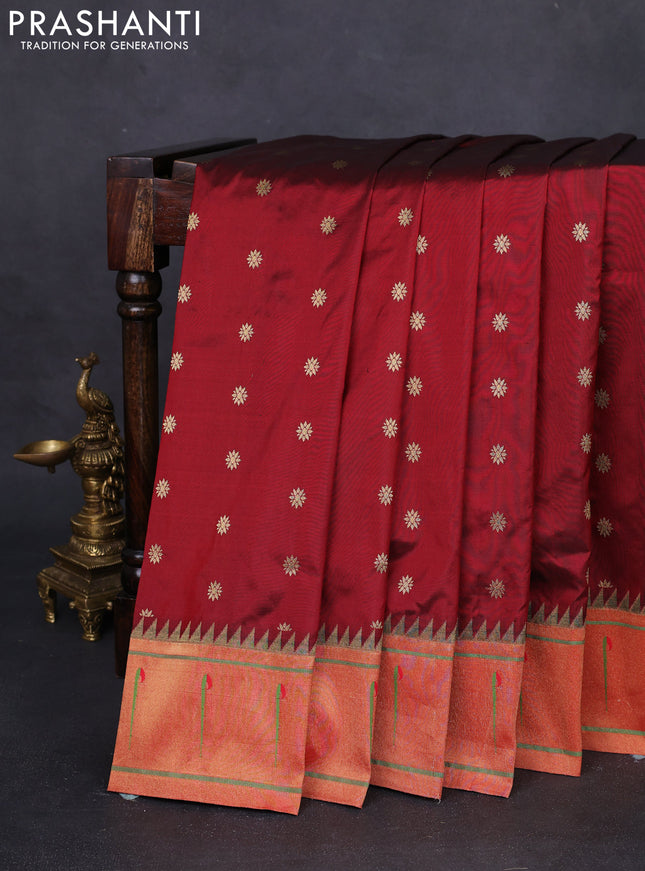 Pure paithani silk saree maroon and red with zari woven buttas and muniya butta border
