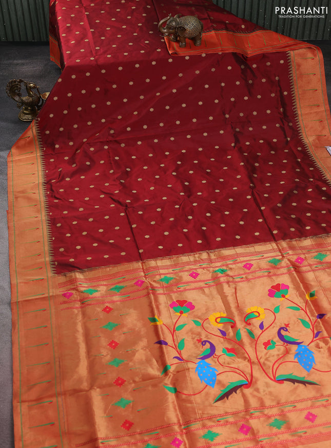Pure paithani silk saree maroon and red with zari woven buttas and muniya butta border