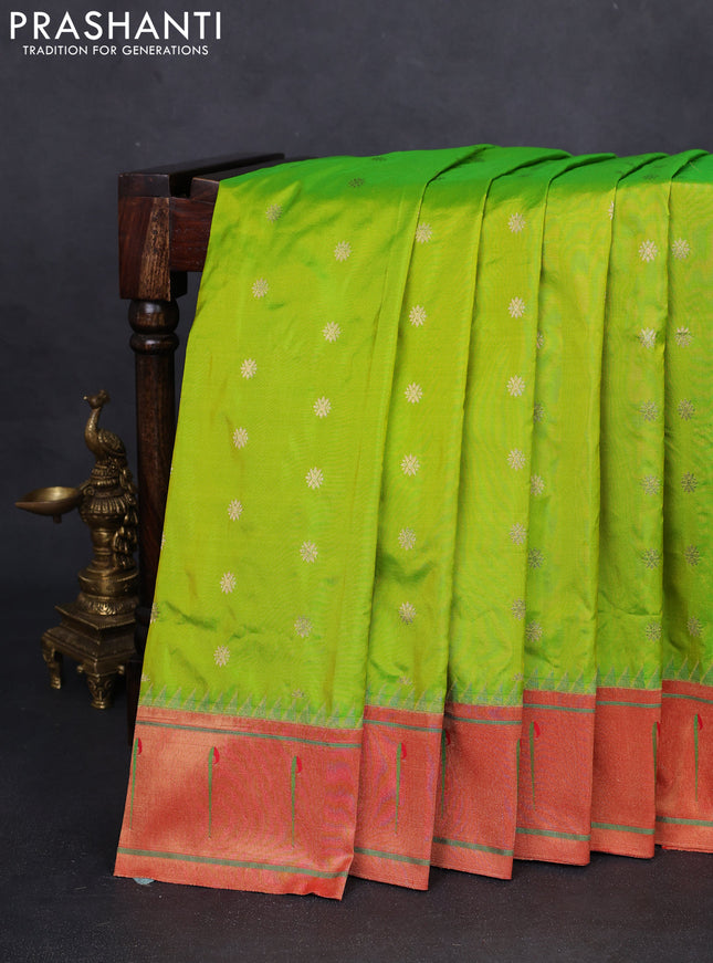 Pure paithani silk saree fluorescent green and red with zari woven buttas and muniya butta border