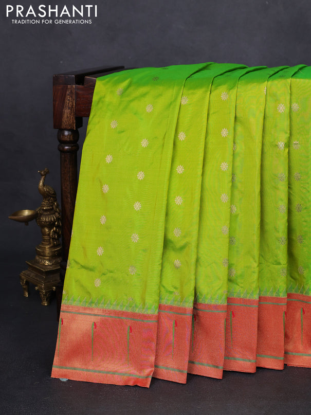 Pure paithani silk saree fluorescent green and red with zari woven buttas and muniya butta border