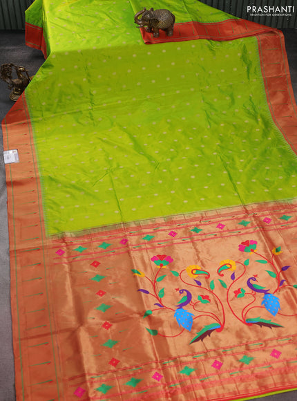Pure paithani silk saree fluorescent green and red with zari woven buttas and muniya butta border