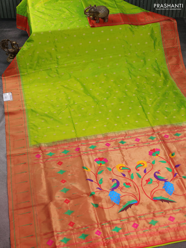 Pure paithani silk saree fluorescent green and red with zari woven buttas and muniya butta border