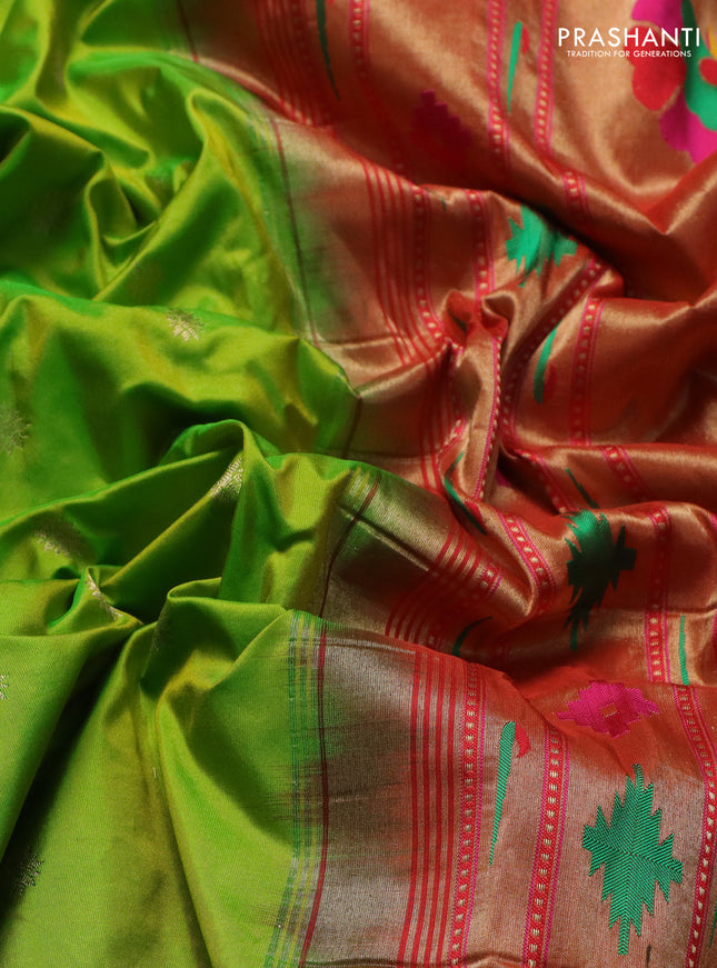 Pure paithani silk saree fluorescent green and red with zari woven buttas and muniya butta border