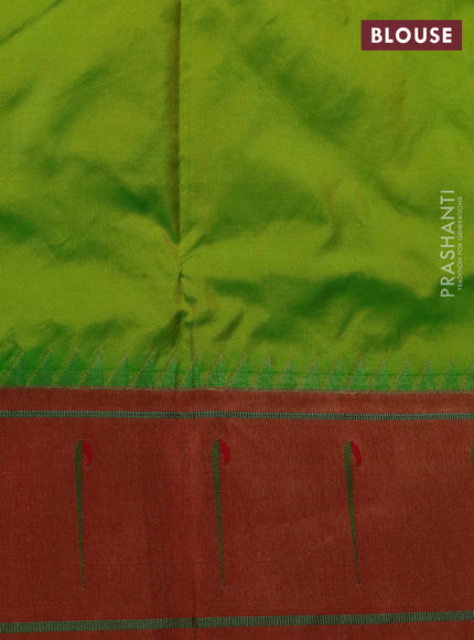 Pure paithani silk saree fluorescent green and red with zari woven buttas and muniya butta border