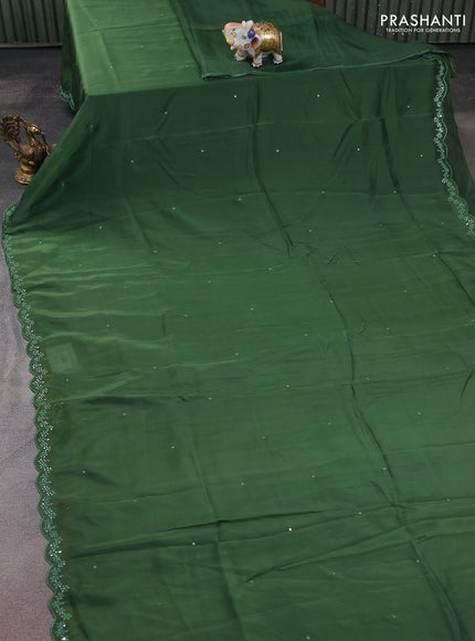 Satin crepe silk saree sap green and mustard yellow with allover mirror work and ajrakh printed blouse