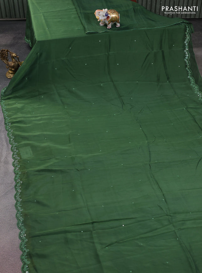 Satin crepe silk saree sap green and mustard yellow with allover mirror work and ajrakh printed blouse