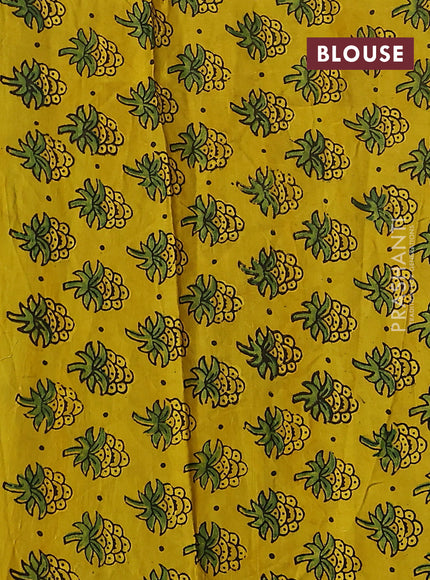 Satin crepe silk saree sap green and mustard yellow with allover mirror work and ajrakh printed blouse