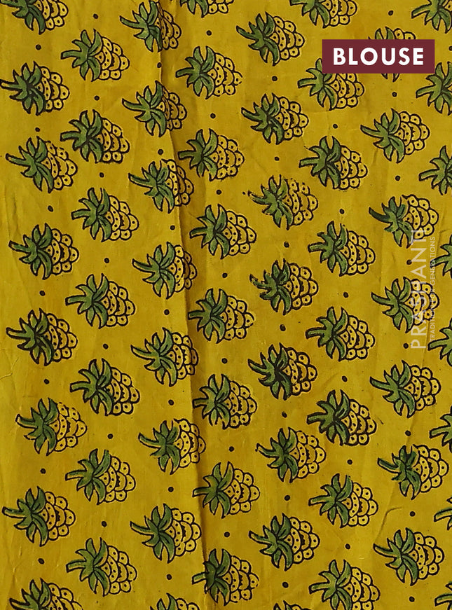 Satin crepe silk saree sap green and mustard yellow with allover mirror work and ajrakh printed blouse