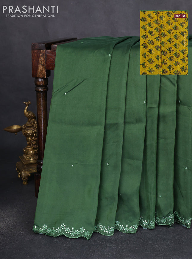 Satin crepe silk saree sap green and mustard yellow with allover mirror work and ajrakh printed blouse