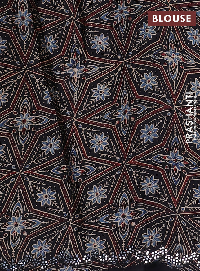 Satin crepe silk saree teal blue and black with allover mirror work and ajrakh printed blouse