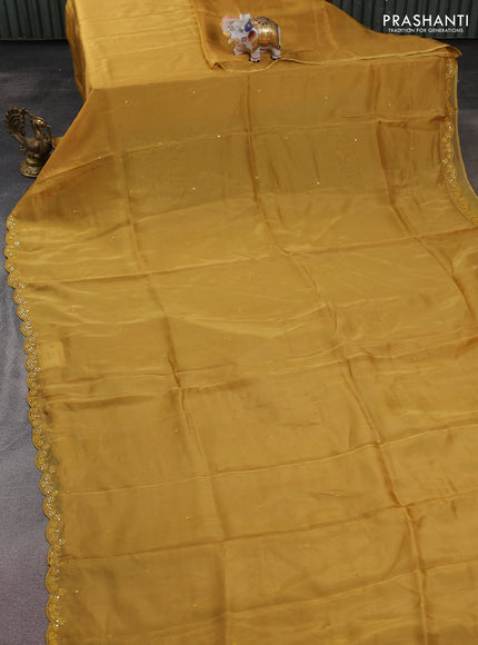 Satin crepe silk saree mustard yellow and maroon with allover mirror work and ajrakh printed blouse