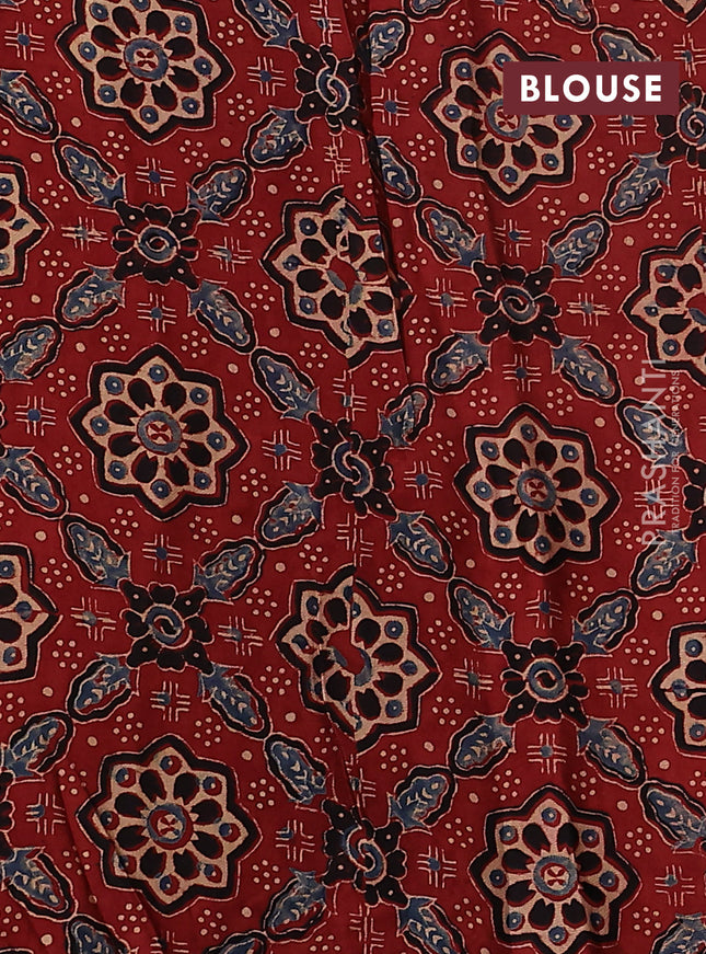 Satin crepe silk saree mustard yellow and maroon with allover mirror work and ajrakh printed blouse