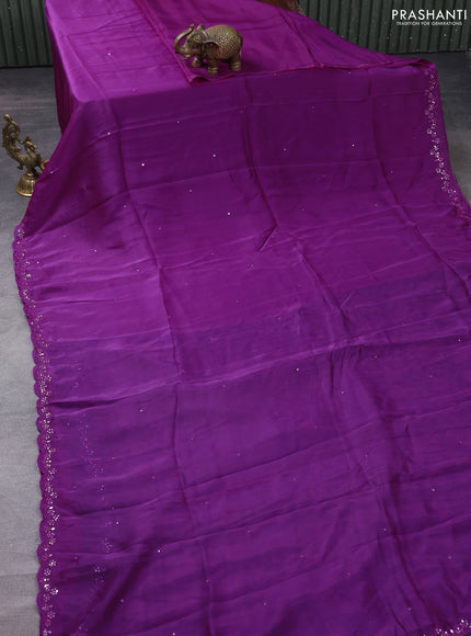 Satin crepe silk saree purple and blue with allover mirror work and ajrakh printed blouse