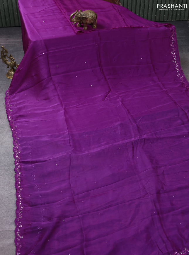 Satin crepe silk saree purple and blue with allover mirror work and ajrakh printed blouse