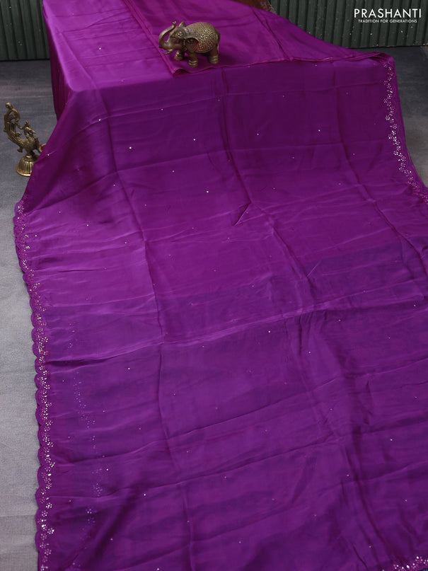 Satin crepe silk saree purple and blue with allover mirror work and ajrakh printed blouse