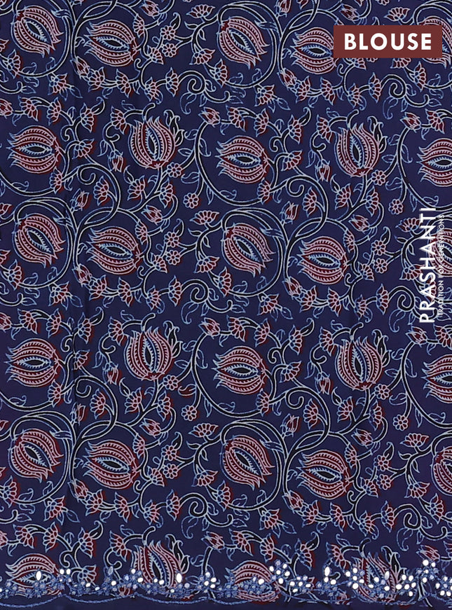 Satin crepe silk saree purple and blue with allover mirror work and ajrakh printed blouse