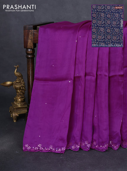 Satin crepe silk saree purple and blue with allover mirror work and ajrakh printed blouse