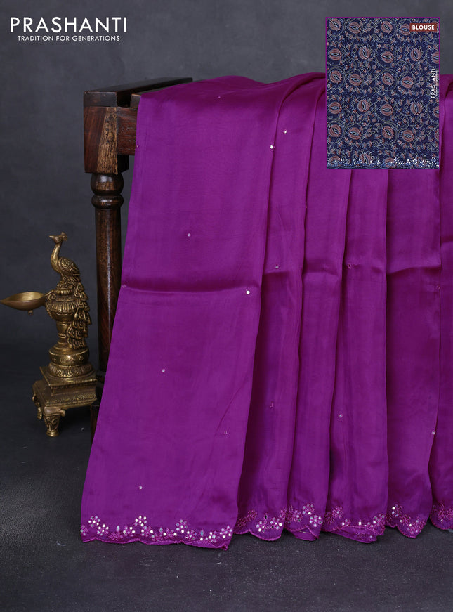 Satin crepe silk saree purple and blue with allover mirror work and ajrakh printed blouse