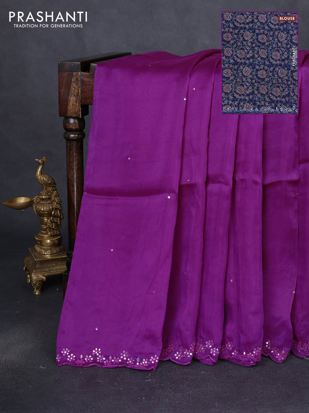 Satin crepe silk saree purple and blue with allover mirror work and ajrakh printed blouse