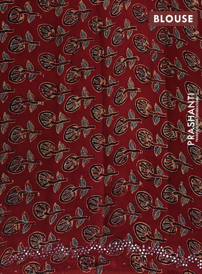 Satin crepe silk saree sandal and maroon with allover mirror work and ajrakh printed blouse