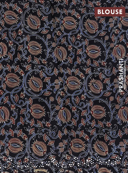 Satin crepe silk saree brown and black with allover mirror work and ajrakh printed blouse