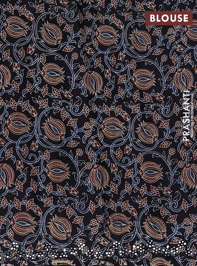 Satin crepe silk saree brown and black with allover mirror work and ajrakh printed blouse