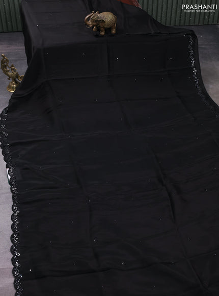 Satin crepe silk saree black and green with allover mirror work and ajrakh printed blouse