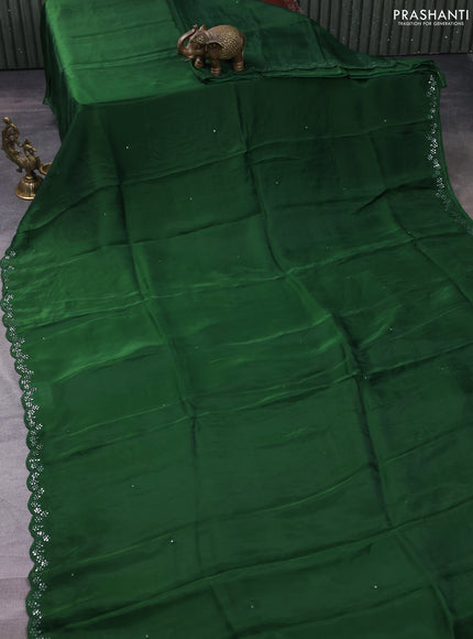 Satin crepe silk saree green and mustard yellow with allover mirror work and ajrakh printed blouse