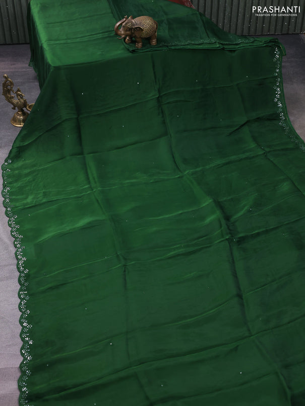 Satin crepe silk saree green and mustard yellow with allover mirror work and ajrakh printed blouse