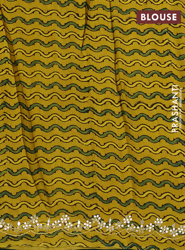 Satin crepe silk saree green and mustard yellow with allover mirror work and ajrakh printed blouse