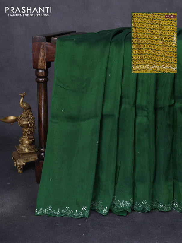 Satin crepe silk saree green and mustard yellow with allover mirror work and ajrakh printed blouse