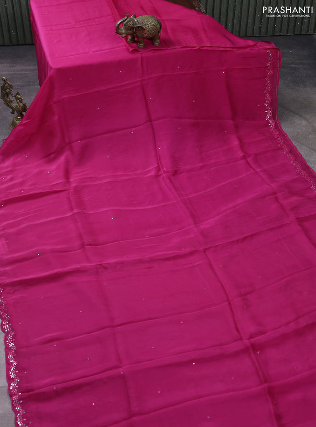 Satin crepe silk saree pink and blue with allover mirror work and ajrakh printed blouse