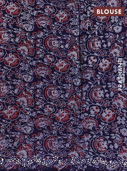 Satin crepe silk saree pink and blue with allover mirror work and ajrakh printed blouse