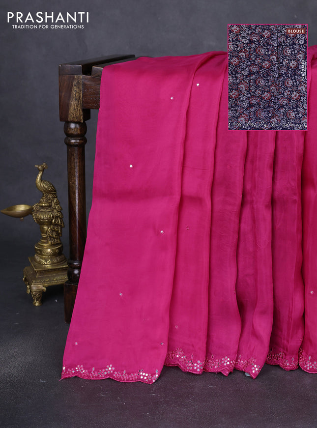 Satin crepe silk saree pink and blue with allover mirror work and ajrakh printed blouse