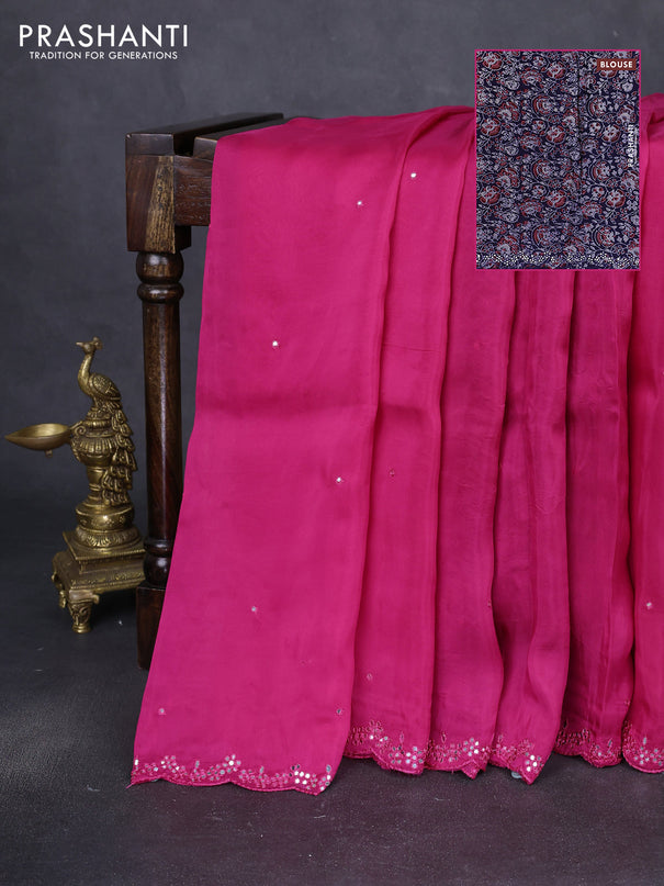Satin crepe silk saree pink and blue with allover mirror work and ajrakh printed blouse