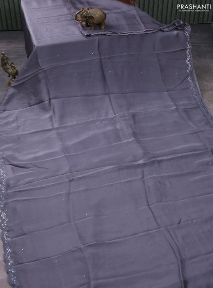 Satin crepe silk saree grey and black with allover mirror work and ajrakh printed blouse