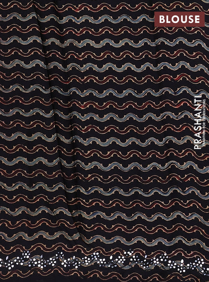 Satin crepe silk saree grey and black with allover mirror work and ajrakh printed blouse