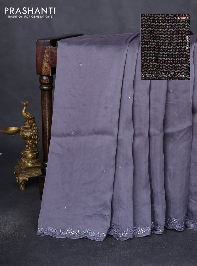 Satin crepe silk saree grey and black with allover mirror work and ajrakh printed blouse