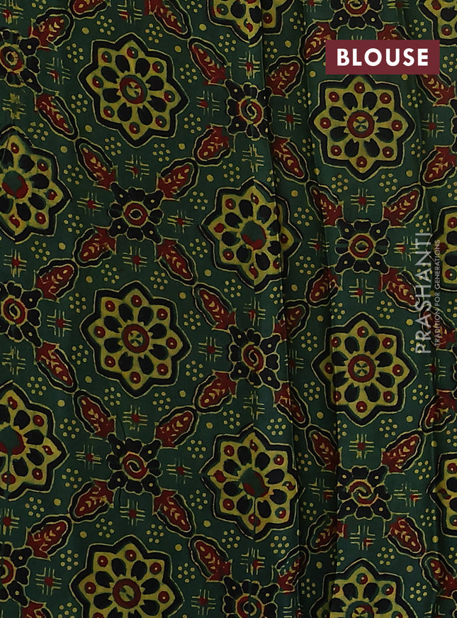 Satin crepe silk saree mustard yellow and green with allover mirror work and ajrakh printed blouse