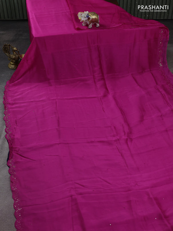 Satin crepe silk saree pink and blue with allover mirror work and ajrakh printed blouse