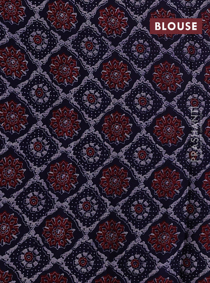 Satin crepe silk saree pink and blue with allover mirror work and ajrakh printed blouse