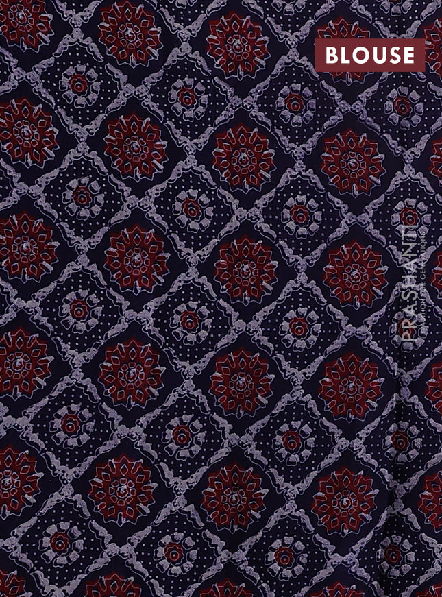 Satin crepe silk saree pink and blue with allover mirror work and ajrakh printed blouse