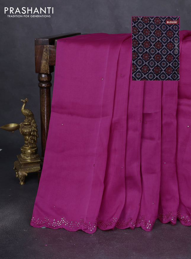 Satin crepe silk saree pink and blue with allover mirror work and ajrakh printed blouse
