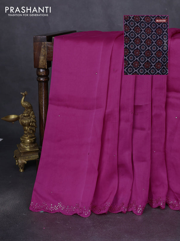 Satin crepe silk saree pink and blue with allover mirror work and ajrakh printed blouse