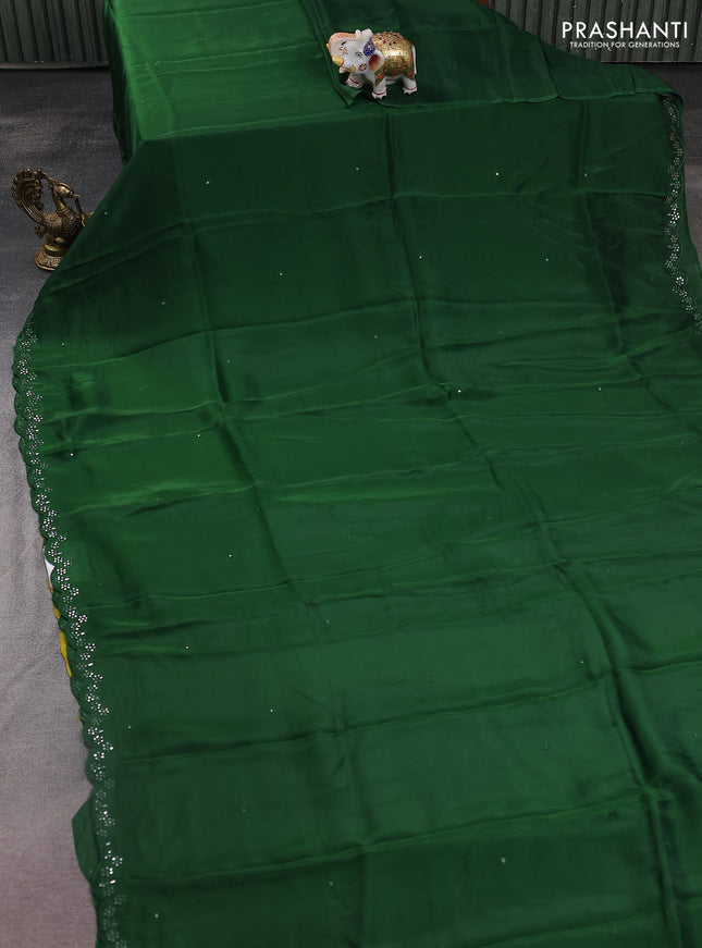 Satin crepe silk saree green and mustard yellow with allover mirror work and ajrakh printed blouse