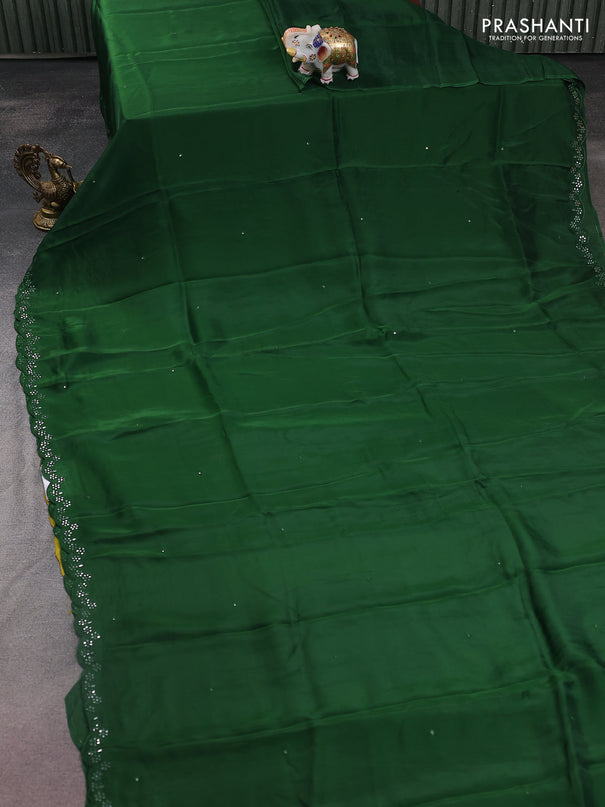 Satin crepe silk saree green and mustard yellow with allover mirror work and ajrakh printed blouse