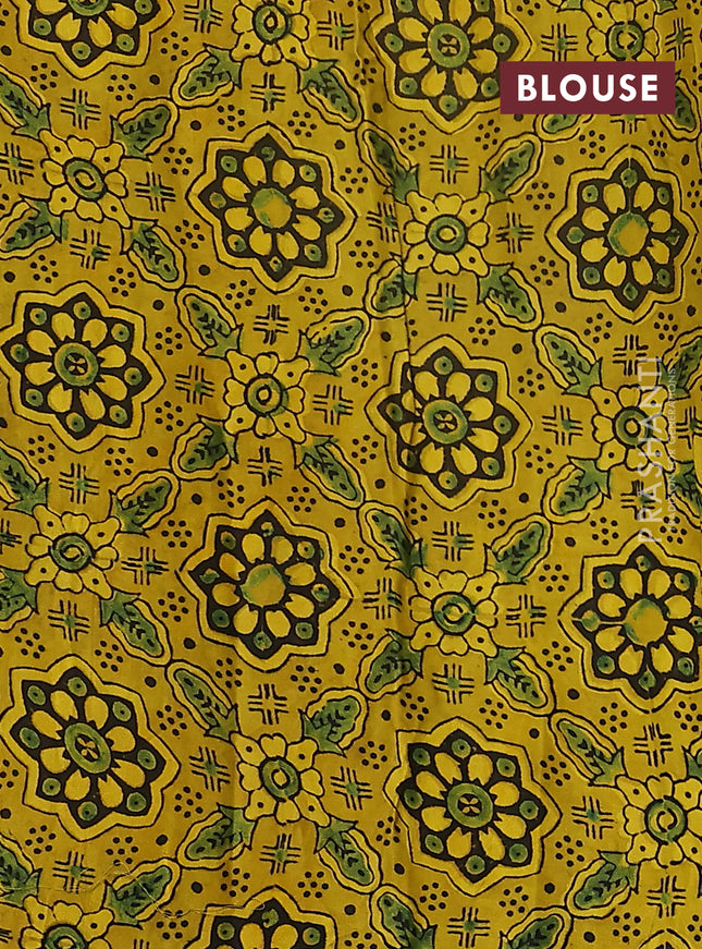 Satin crepe silk saree green and mustard yellow with allover mirror work and ajrakh printed blouse
